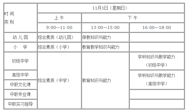 陜西教師資格考試時間安排表